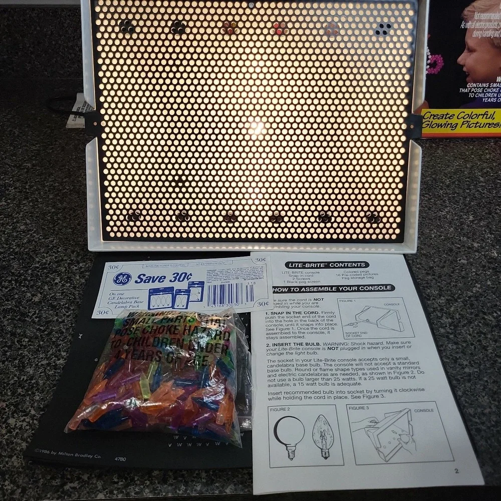 Vintage Milton Bradley Lite-Brite 4780 Tested‎ Works w/ Box Pegs Unused Sheets